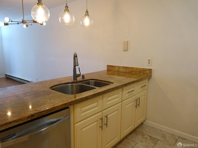 kitchen with dishwasher, a baseboard heating unit, hanging light fixtures, sink, and light tile patterned floors