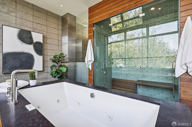 bathroom featuring a bathing tub and tile walls