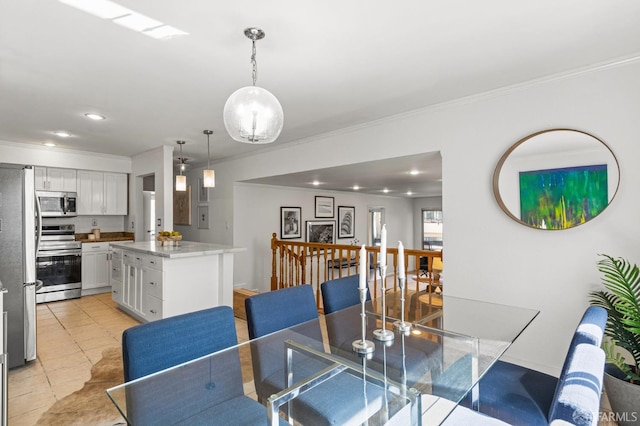 tiled dining area with ornamental molding