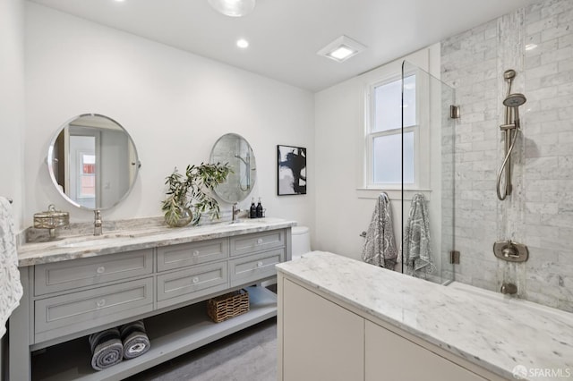 2266 Cecilia Ave, San Francisco, CA 94116 - bathroom with double vanity, tiled shower, and recessed lighting