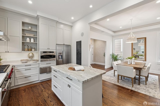 2266 Cecilia Ave, San Francisco, CA 94116 - kitchen with appliances with stainless steel finishes, dark wood-style flooring, open shelves, recessed lighting, and a warming drawer