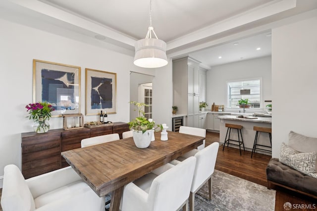 2266 Cecilia Ave, San Francisco, CA 94116 - dining room with dark wood-type flooring, wine cooler, recessed lighting, and a tray ceiling