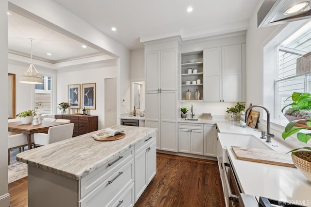 2266 Cecilia Ave, San Francisco, CA 94116 - kitchen featuring plenty of natural light, open shelves, dark wood-style flooring, pendant lighting, and recessed lighting
