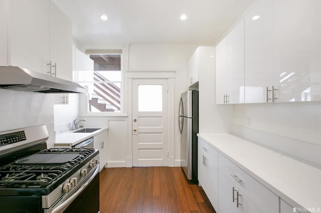 kitchen with white cabinetry, sink, stainless steel appliances, and dark hardwood / wood-style floors