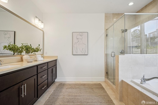 176 Summit Way, San Francisco, CA 94132 - full bathroom with a garden tub, double vanity, a shower stall, recessed lighting, and tile patterned floors