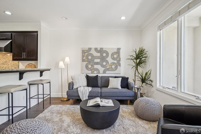 176 Summit Way, San Francisco, CA 94132 - living room featuring dark wood-style floors, crown molding, recessed lighting, and baseboards