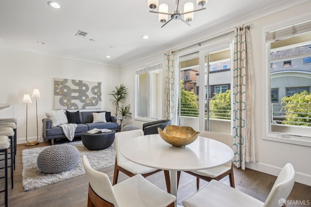 176 Summit Way, San Francisco, CA 94132 - dining space with a chandelier, ornamental molding, dark wood finished floors, baseboards, and recessed lighting