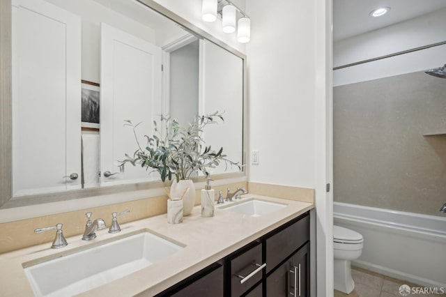176 Summit Way, San Francisco, CA 94132 - full bathroom with toilet, double vanity, bathing tub / shower combination, and tile patterned flooring