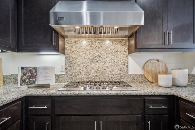176 Summit Way, San Francisco, CA 94132 - kitchen with wall chimney exhaust hood, stainless steel gas stovetop, backsplash, and dark brown cabinets