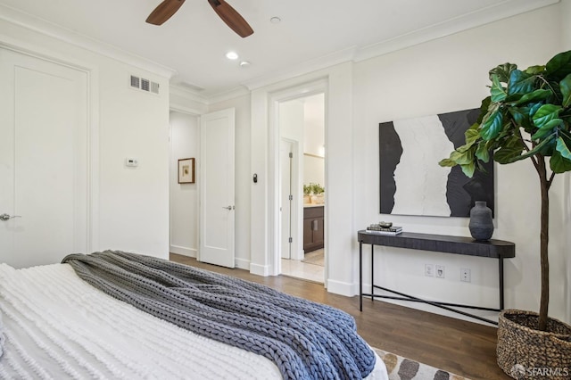 176 Summit Way, San Francisco, CA 94132 - bedroom featuring wood finished floors, recessed lighting, ornamental molding, a ceiling fan, and ensuite bath