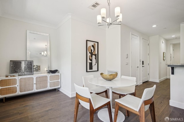 176 Summit Way, San Francisco, CA 94132 - dining space with a chandelier, dark wood-style flooring, recessed lighting, baseboards, and crown molding