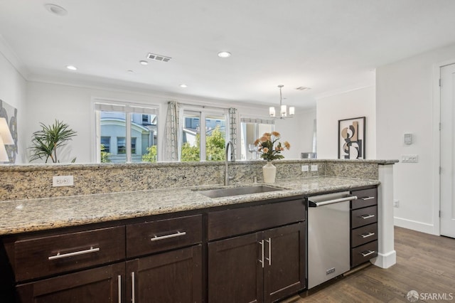 176 Summit Way, San Francisco, CA 94132 - kitchen with a sink, dishwasher, dark brown cabinetry, dark wood-style floors, and crown molding