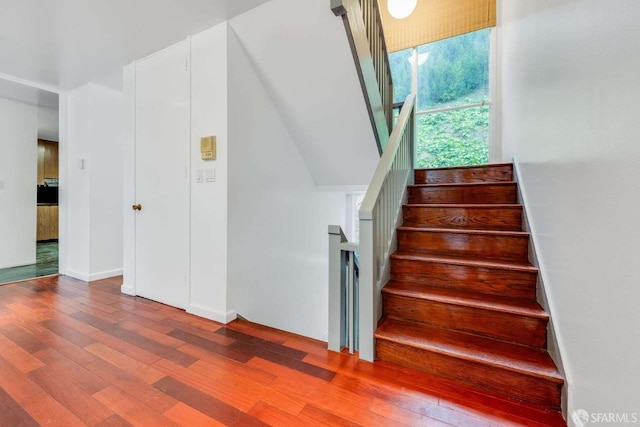 stairs featuring wood-type flooring