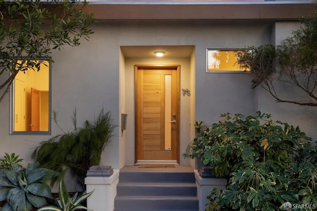 view of exterior entry with stucco siding