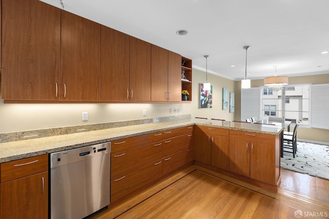 kitchen with dishwasher, brown cabinets, a peninsula, light wood-style floors, and open shelves