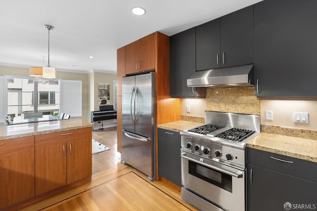 kitchen featuring light wood-style floors, hanging light fixtures, stainless steel appliances, dark cabinetry, and under cabinet range hood