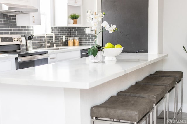 28290 Thackeray Ave, Hayward, CA 94544 - kitchen featuring stainless steel electric range, range hood, a sink, white cabinets, and decorative backsplash