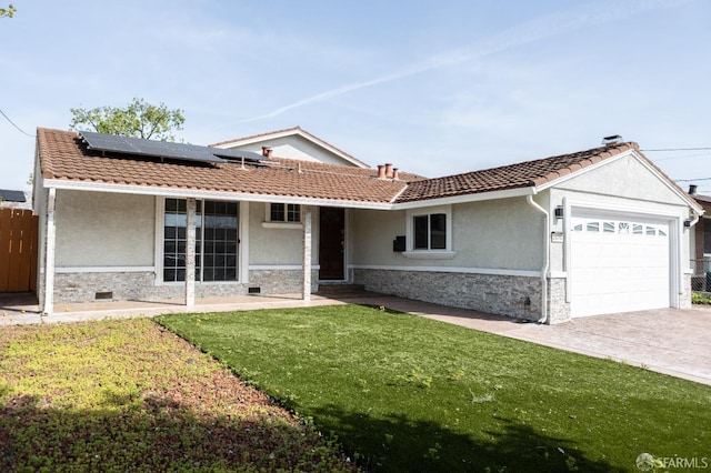 28290 Thackeray Ave, Hayward, CA 94544 - single story home featuring a garage, a tiled roof, stucco siding, roof mounted solar panels, and stone siding