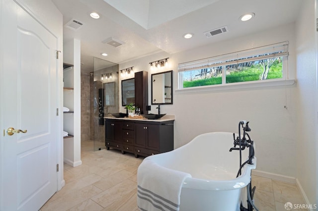 350 Camino Diablo Rd, Brentwood, CA 94513 - full bath with a tile shower, a soaking tub, visible vents, and double vanity