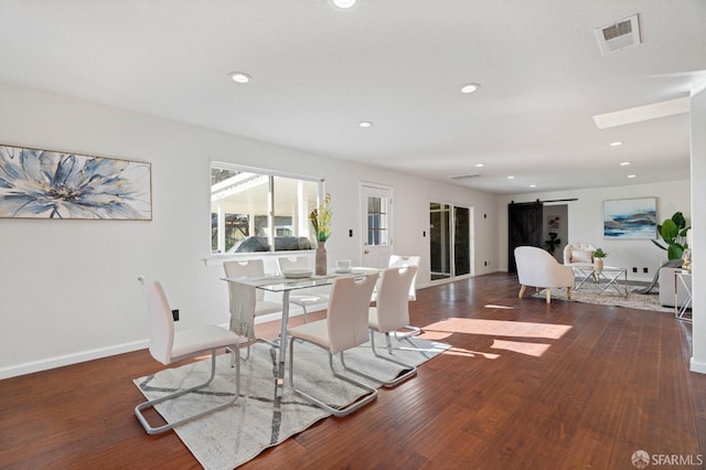 350 Camino Diablo Rd, Brentwood, CA 94513 - dining area with recessed lighting, a barn door, visible vents, and wood finished floors