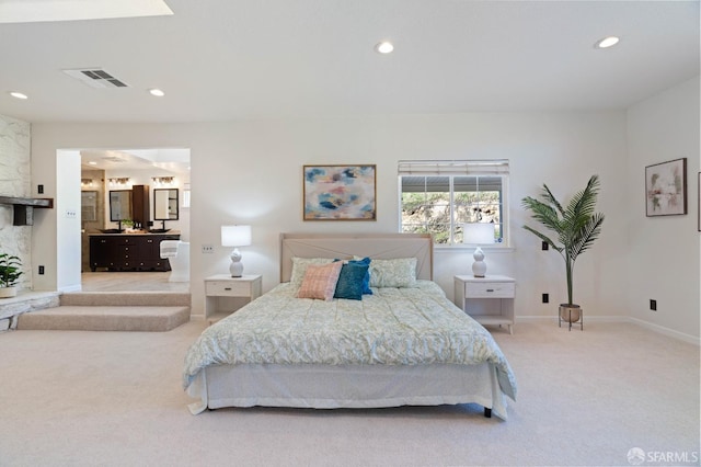 350 Camino Diablo Rd, Brentwood, CA 94513 - bedroom featuring ensuite bathroom, carpet, visible vents, recessed lighting, and baseboards