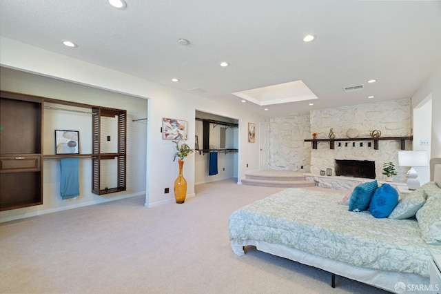 350 Camino Diablo Rd, Brentwood, CA 94513 - carpeted bedroom with a fireplace, a skylight, visible vents, baseboards, and recessed lighting