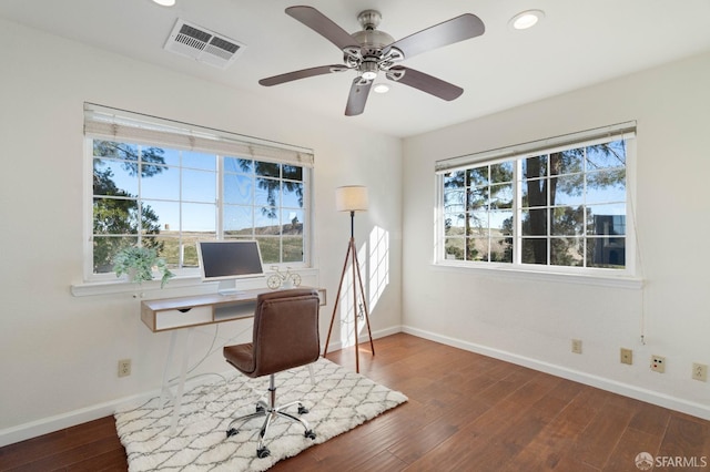 350 Camino Diablo Rd, Brentwood, CA 94513 - office area featuring wood finished floors, visible vents, recessed lighting, a ceiling fan, and baseboards