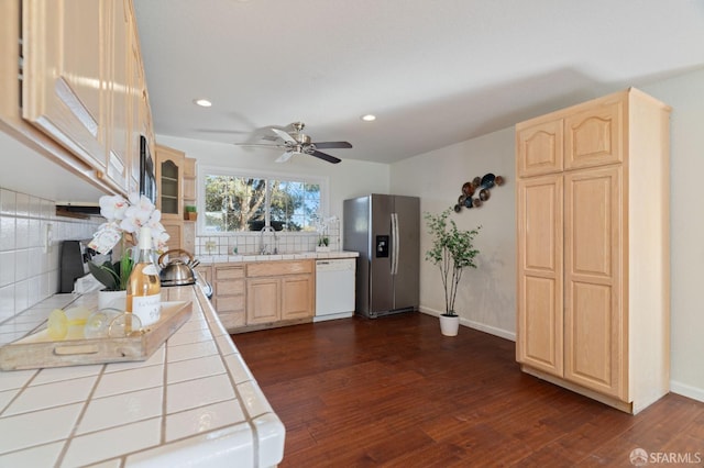 350 Camino Diablo Rd, Brentwood, CA 94513 - kitchen with light brown cabinets, tile countertops, dishwasher, a sink, and stainless steel fridge with ice dispenser