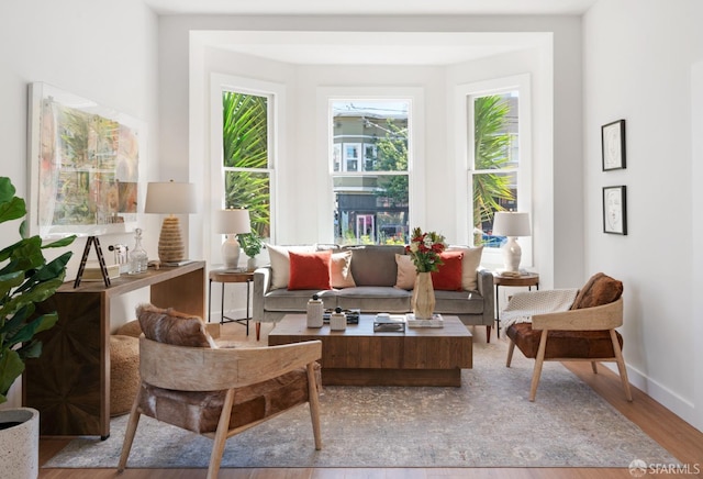 sitting room with a wealth of natural light, baseboards, and wood finished floors