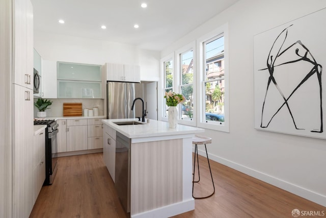 kitchen featuring an island with sink, light wood-style flooring, modern cabinets, stainless steel appliances, and a sink