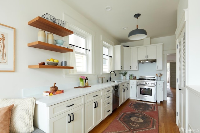 kitchen with stainless steel appliances, white cabinetry, hanging light fixtures, and sink