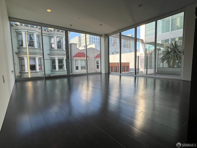 empty room with expansive windows and dark hardwood / wood-style flooring