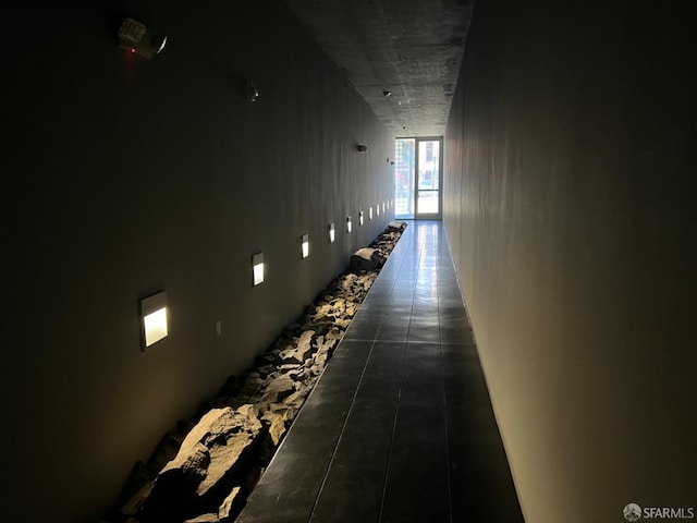 hall featuring dark tile patterned floors