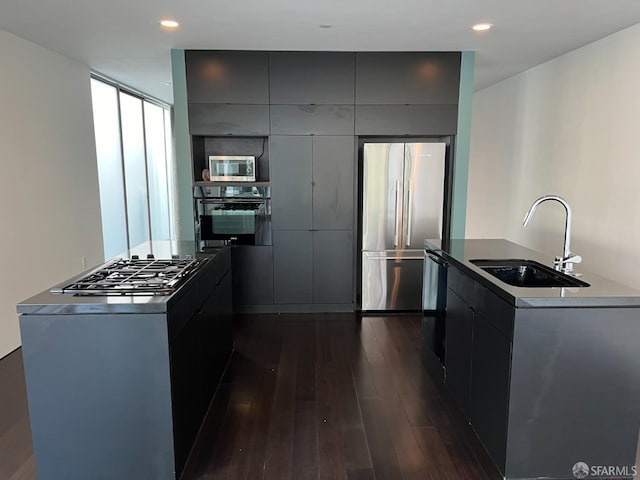 kitchen with gray cabinets, sink, stainless steel appliances, and dark hardwood / wood-style floors