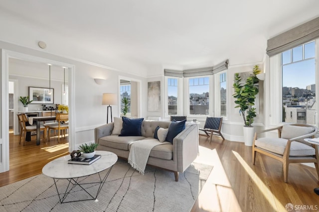 living room with a wealth of natural light, ornamental molding, and light hardwood / wood-style floors