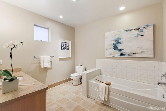bathroom featuring a bath, toilet, baseboards, tile patterned flooring, and recessed lighting
