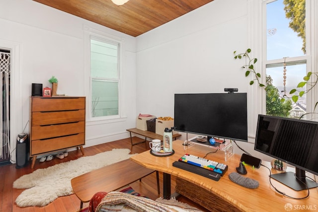 office area featuring wood ceiling and hardwood / wood-style flooring