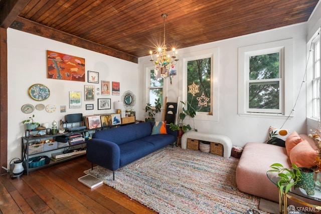 sitting room featuring a wealth of natural light, dark hardwood / wood-style flooring, wooden ceiling, and a notable chandelier