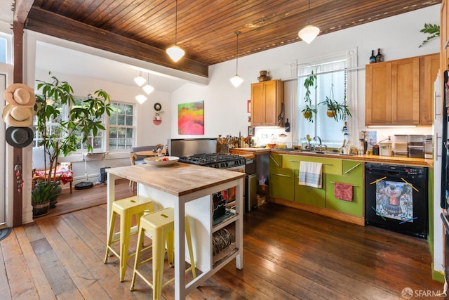 kitchen with dishwasher, wood counters, wooden ceiling, hanging light fixtures, and stainless steel range