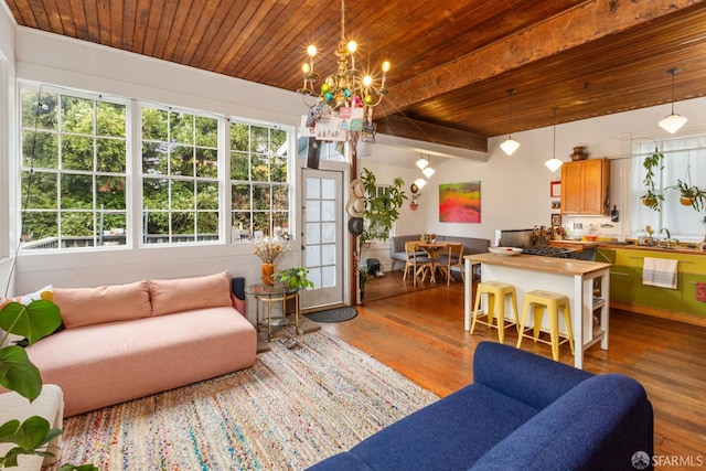 living room featuring hardwood / wood-style floors, sink, beamed ceiling, wood ceiling, and a chandelier