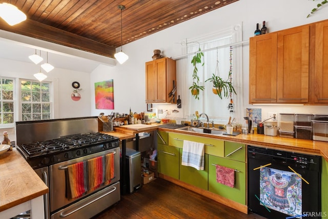 kitchen with sink, stainless steel gas stove, wood counters, black dishwasher, and pendant lighting