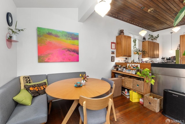 dining space featuring dark hardwood / wood-style flooring and wood ceiling