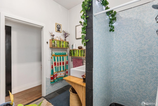 bathroom with tile patterned flooring