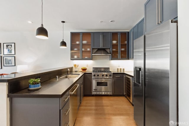 kitchen with pendant lighting, sink, high end appliances, wood-type flooring, and backsplash