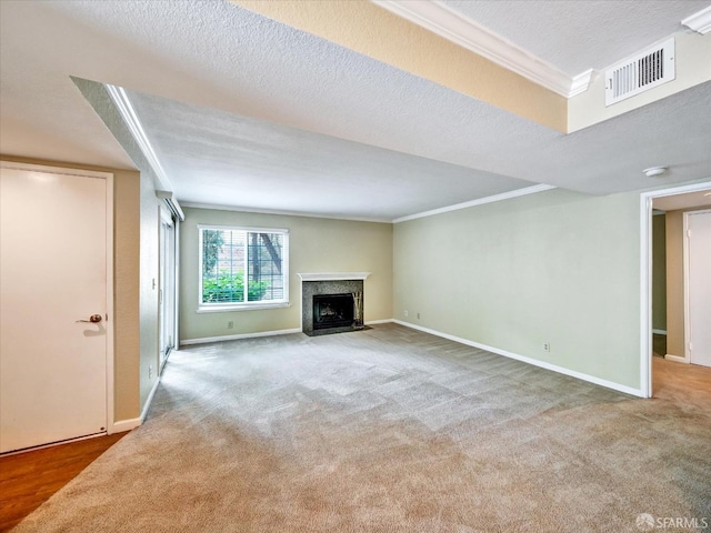 605 Canyon Oaks Dr Unit B, Oakland, CA 94605 - unfurnished living room with crown molding, a fireplace with flush hearth, carpet, and a textured ceiling
