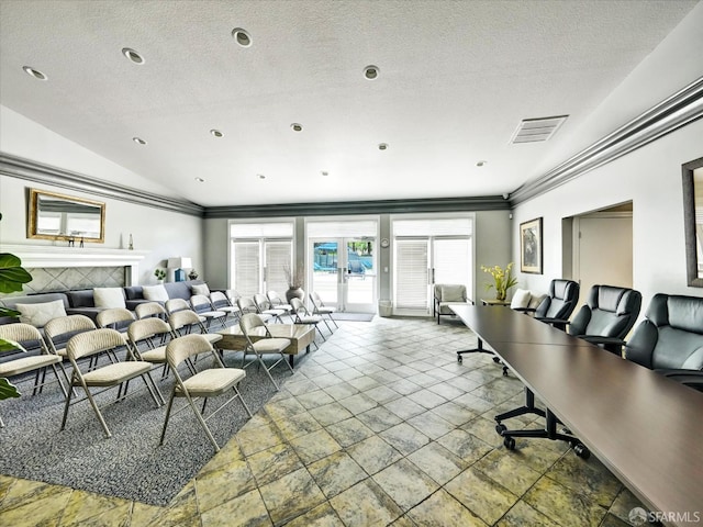 605 Canyon Oaks Dr Unit B, Oakland, CA 94605 - building lobby featuring ornamental molding, a textured ceiling, vaulted ceiling, and recessed lighting