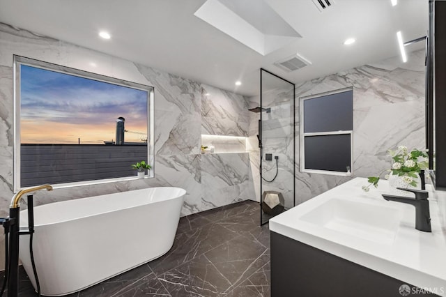 bathroom featuring independent shower and bath and vanity