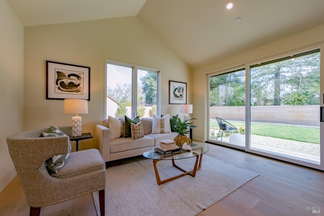 living room featuring light hardwood / wood-style floors, vaulted ceiling, and a wealth of natural light