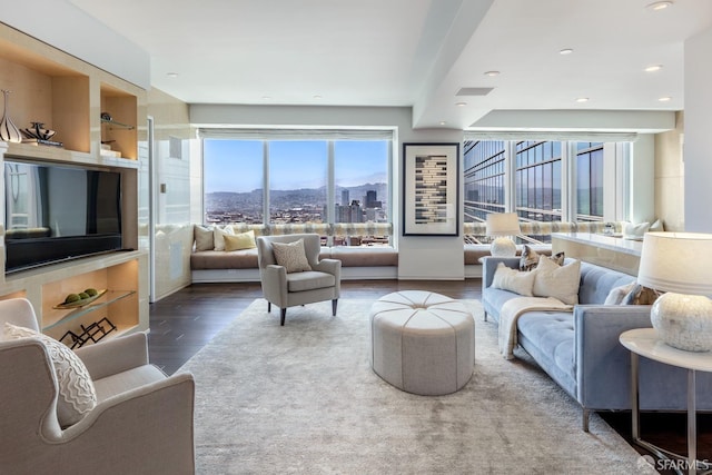 living room featuring a mountain view and hardwood / wood-style floors