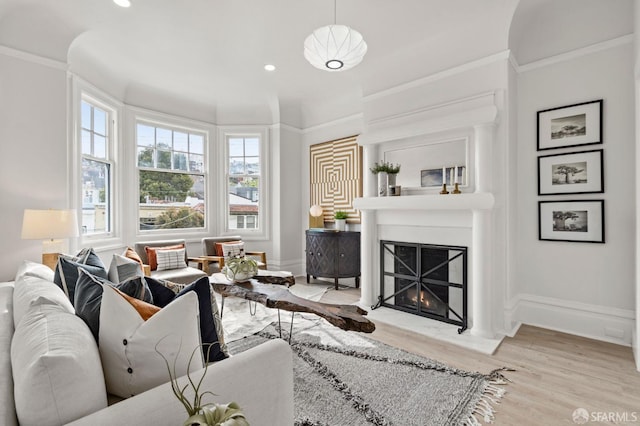 living area featuring ornamental molding, a fireplace, recessed lighting, and wood finished floors